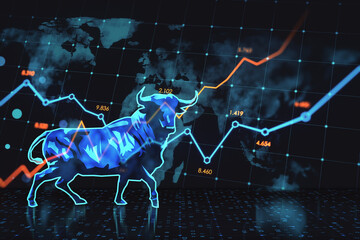 Poster - Bullish financial market trend with blue bull. 3D Rendering
