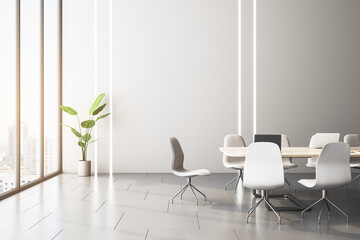 Modern meeting room interior with table and chairs, wooden flooring and panoramic window with city view. 3D Rendering.