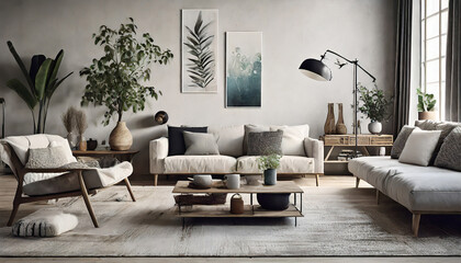 Wall Mural - Nordic Zen with Wall Mockups, Foster tranquility in your Scandinavian living room with neutral hues, clean lines, and uncluttered spaces. Wall mockups
