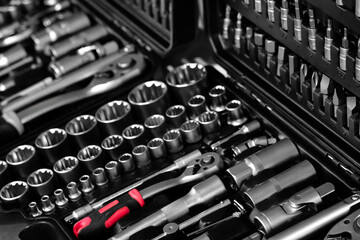 Poster - mechanics tool kit in black box, close-up of mechanics tool kit