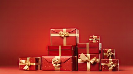  a pile of wrapped presents sitting on top of a red table next to a red wall with a gold bow on top of one of the boxes and two of the boxes.  generative ai