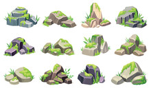 Moss On Stones. Swamp Green Lichen Rocks, Wild Forest Mosses Structure At Rock Piece Stone Rubble Nature Geology Material, Game Lichens Assets Cartoon Neoteric Vector Illustration