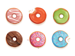 Wall Mural - Donuts top view. Realistic donut with colorful icing sprinkles, round cake candy sweets desserts 3d isolated bitten doughnut multicolored glaze decoration exact vector illustration