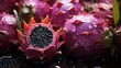  a close up of a dragon fruit with drops of water on the inside of it and on the outside of the fruit and on the outside of the inside of it.  generative ai
