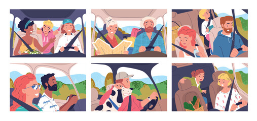 Wall Mural - People driving inside car. Family or friends driver and passengers sitting in cars interiors, travel roadtrip concept woman at windshield automobile ride classy vector illustration