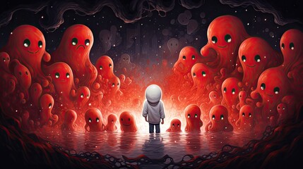  a painting of a person standing in front of a large group of red octopus's in a body of water with a red light at the end of water.  generative ai