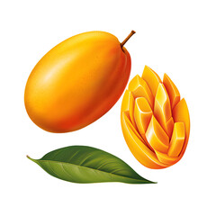 Wall Mural - Illustration of a whole and sliced mango with a vibrant leaf, on a transparent background, depicting freshness and health.