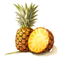 Illustration Of A Whole And Sliced Pineapple (ananas) With A Vibrant Leaf, On A Transparent Background, Depicting Freshness And Health.