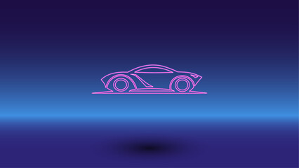 Poster - Neon future car symbol on a gradient blue background. The isolated symbol is located in the bottom center. Gradient blue with light blue skyline