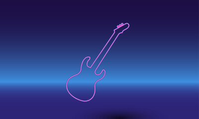 Poster - Neon guitar symbol on a gradient blue background. The isolated symbol is located in the bottom center. Gradient blue with light blue skyline