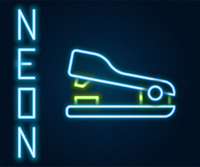 Poster - Glowing neon line Office stapler icon isolated on black background. Stapler, staple, paper, cardboard, office equipment. Colorful outline concept. Vector
