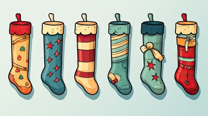 Wall Mural -  a row of christmas socks hanging from the side of each other on top of a light blue background with red, green, yellow, and red socks hanging from the top to the bottom.  generative ai