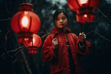 Chinese New Year Celebration A Chinese Girl In Red Jacket Surrounded By Red Lanterns