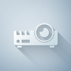 Poster - Paper cut Presentation, movie, film, media projector icon isolated on grey background. Paper art style. Vector