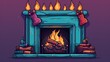  a fireplace with a bunch of burning logs and stockings on top of it, with a purple background and a purple background with red and blue lettering that reads,.  generative ai