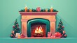  a fireplace decorated for christmas with presents on the mantle and a christmas tree in the corner of the fireplace with a lit candle on top of the mantels.  generative ai