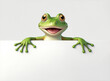 A 3D animated green frog cartoon character holding a blank white banner board