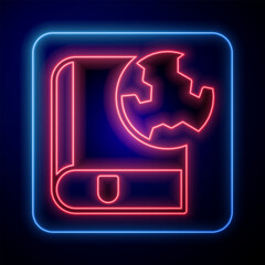 Poster - Glowing neon Earth globe and book icon isolated on black background. World or Earth sign. Global internet symbol. Geometric shapes. Vector