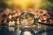 Looking for a new house to buy or rent in the housing market, with a magnifying glass near a residential building,
