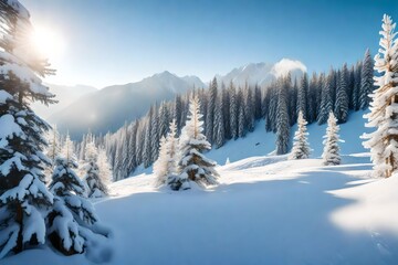 Incredible winter landscape with snowcapped pine trees under bright sunny light in frosty morning. Amazing nature scenery in winter mountain valley. Awesome natural Background. Soft light effect