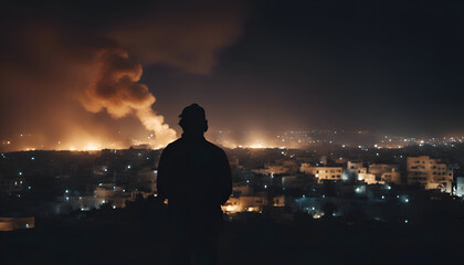 Wall Mural - Silhouette of a man standing in front of a burning city