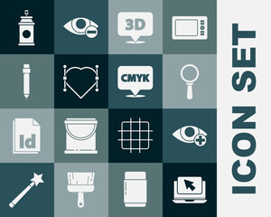 Poster - Set Laptop and cursor, Red eye effect, Magnifying glass, Speech bubble with text 3D, Heart Bezier curve, Pencil eraser, Paint spray can and CMYK icon. Vector