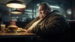 Fat man eat food. Exaggerated presentation of a greedy fat man eating fast food or junk meal in a fast food restaurant. Concept about fat man.