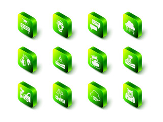 Set Face in protective mask, Global warming, Storm, Tsunami, Polar bear head, Barrel oil leak, CO2 emissions cloud and Withered tree icon. Vector