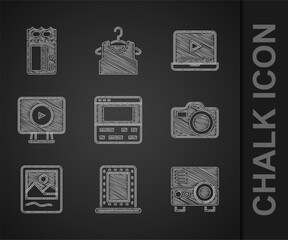 Poster - Set Video recorder on laptop, Makeup mirror with lights, Media projector, Photo camera, frame, Online play video, and Cinema ticket icon. Vector
