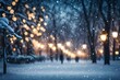 Gorgeously blurred city park with Christmas lights and snowfall during a happy night or evening. Defocused Christmas abstract background.