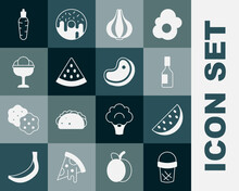 Set Ice Cream In Waffle, Watermelon, Tabasco Sauce, Garlic, The Bowl, Carrot And Steak Meat Icon. Vector