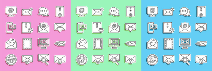 Poster - Set line Mail message lock password, Express envelope, Envelope with Valentine heart, Speech bubble chat, setting, Mobile and, e-mail on speech and icon. Vector