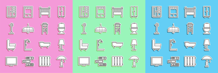 Poster - set line table lamp, toilet bowl, baby crib cradle bed, chandelier, coat stand, wardrobe and bathroo