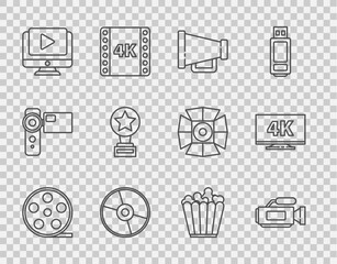 Poster - set line film reel, cinema camera, megaphone, cd or dvd disk, online play video, movie trophy, popco