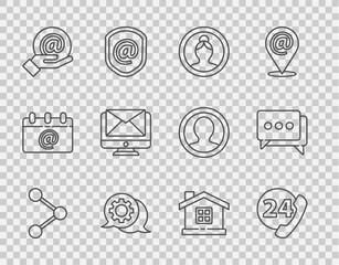Fototapete - Set line Share, Telephone 24 hours support, Create account screen, Speech bubble chat, Mail and e-mail in hand, Monitor envelope, House and icon. Vector