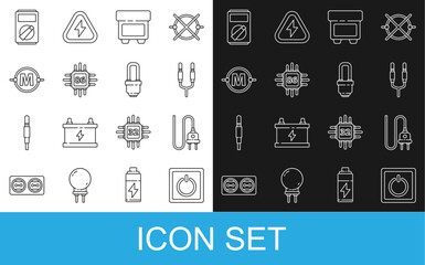 Poster - Set line Electric light switch, plug, Audio jack, Fuse, Processor with microcircuits CPU, scheme, Multimeter and LED bulb icon. Vector