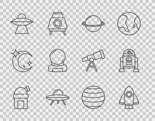 Wall Mural - set line astronomical observatory, rocket ship, planet saturn, ufo flying spaceship, astronaut helme