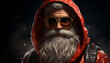  a modern hipster Santa Claus in glasses and a hoodie on dark background, ai generated