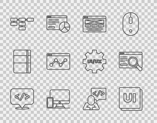Poster - Set line Front end development, UI or UX design, Monitor and mobile, Site map, Website statistic, and icon. Vector