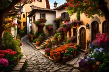 A Narrow Cobblestone Pathway Winding Through The Village, Bordered By Colorful Blooming Gardens And Rustic Wooden Fences.