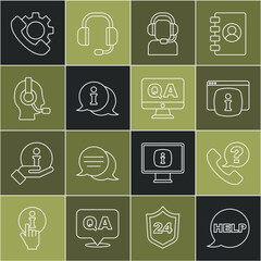 Poster - Set line Speech bubble with text Help, Telephone 24 hours support, Monitor FAQ information, Man headset, Information, and Question and Answer icon. Vector
