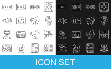 Poster - Set line Stereo speaker, Bitrate, Pause button, Music note, tone, Sound mixer controller, Speaker volume, Record and icon. Vector