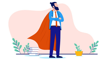 Poster - Business superhero standing - Businessman in red cape standing proud with folded arms. Business hero concept in flat design vector illustration with white background