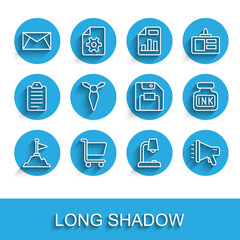 Poster - Set line Mountains with flag on top, Shopping cart, Mail and e-mail, Table lamp, Megaphone, Tie, Inkwell and Floppy disk icon. Vector