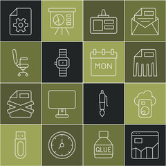 Poster - Set line Graph chart infographic, Cloud database, Paper shredder, Identification badge, Wrist watch, Office chair, Document settings and Calendar icon. Vector