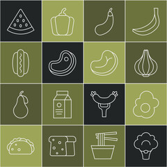 Wall Mural - Set line Broccoli, Scrambled egg, Garlic, Eggplant, Steak meat, Hotdog, Watermelon and icon. Vector