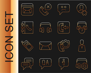Poster - Set line Headphoneswith settings, Employee, question, Sad smile, Phone book, Mail and e-mail and Incoming call icon. Vector