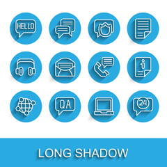 Poster - Set line Global technology, Question and Answer, Hello in different languages, Laptop, Telephone 24 hours support, Mail e-mail, Information and conversation icon. Vector