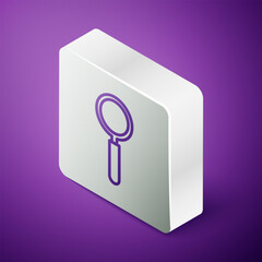 Poster - Isometric line Magnifying glass icon isolated on purple background. Search, focus, zoom, business symbol. Silver square button. Vector Illustration