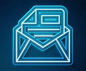 Poster - Glowing neon line Mail and e-mail icon isolated on blue background. Envelope symbol e-mail. Email message sign. Vector